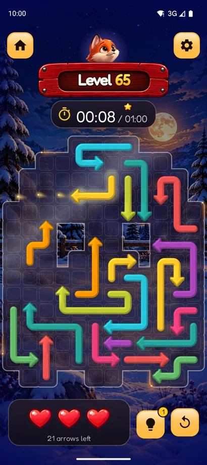 Arrow Escape level 65: a board of winding coloured arrows on a snowy night, with three hearts below