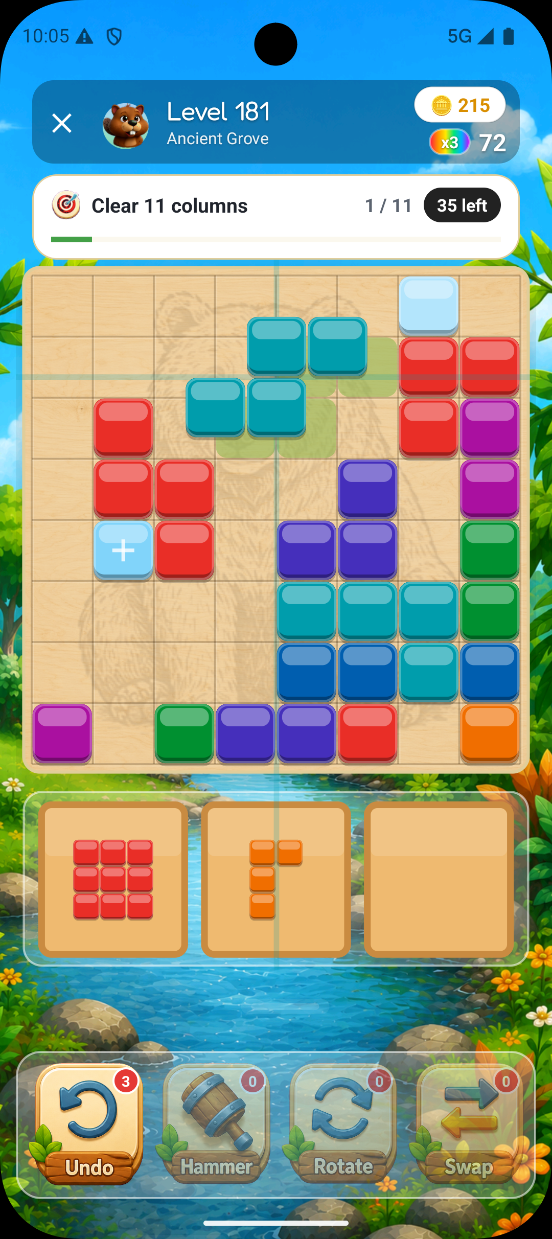 Beaver Blocks level in the Ancient Grove world with blocks on the board and boosters below