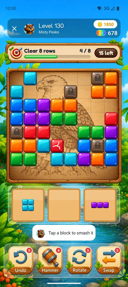 Beaver Blocks level with coloured blocks on the board, pieces to place and boosters below