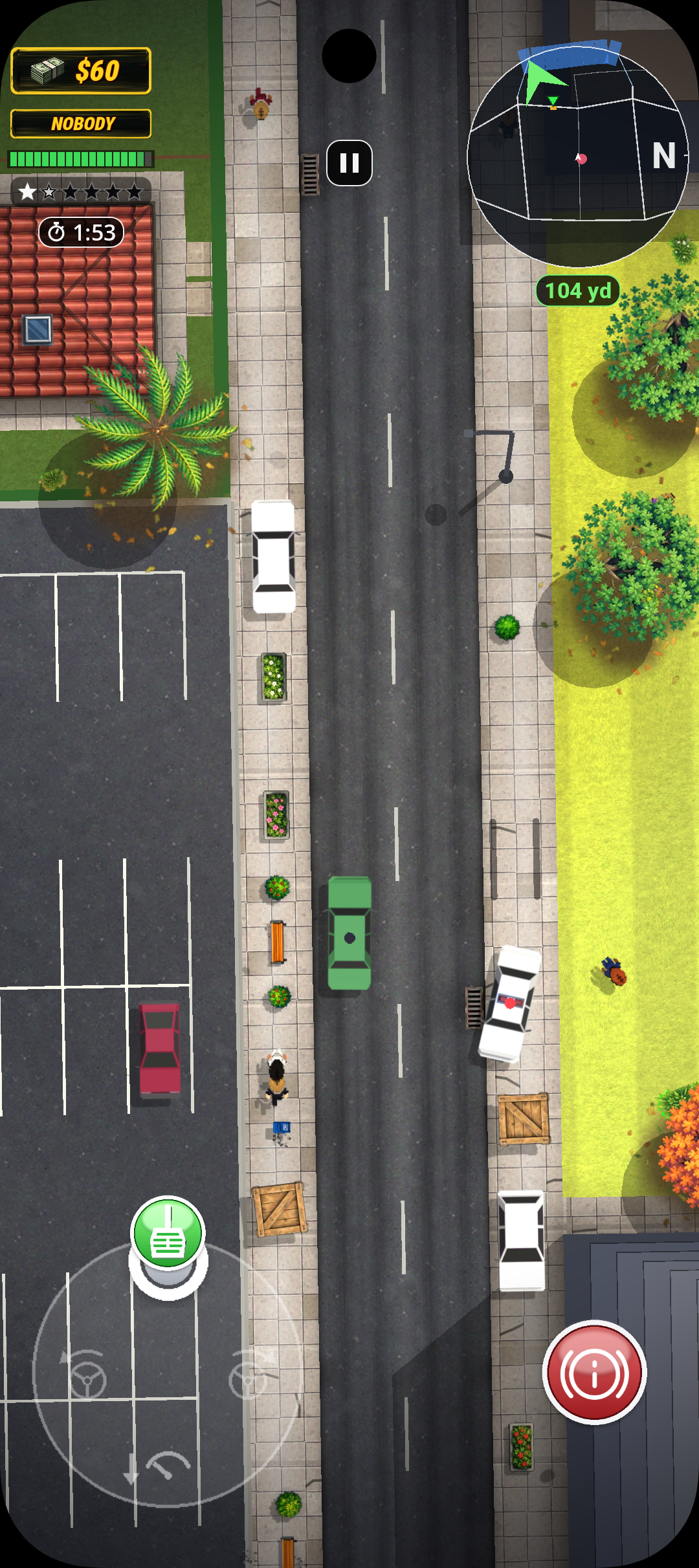 Carjacker gameplay: a stolen car heading down a city street past a delivery truck