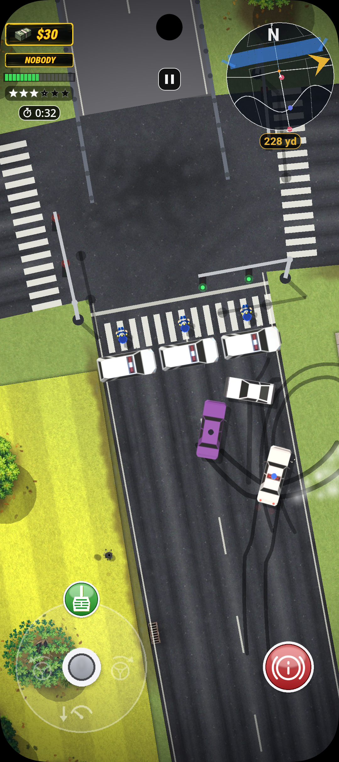 Carjacker gameplay: a stolen car racing through a police roadblock at a city crossing