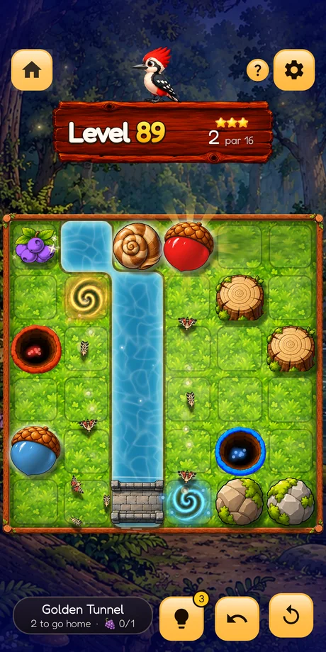 Woodland Jam level 89: acorns, hollows, a stream with a bridge and a portal on a grassy woodland board